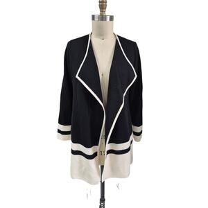 Talbots Merino Wool Open Cardigan Coatigan Cream/Black Color Block  Sz M